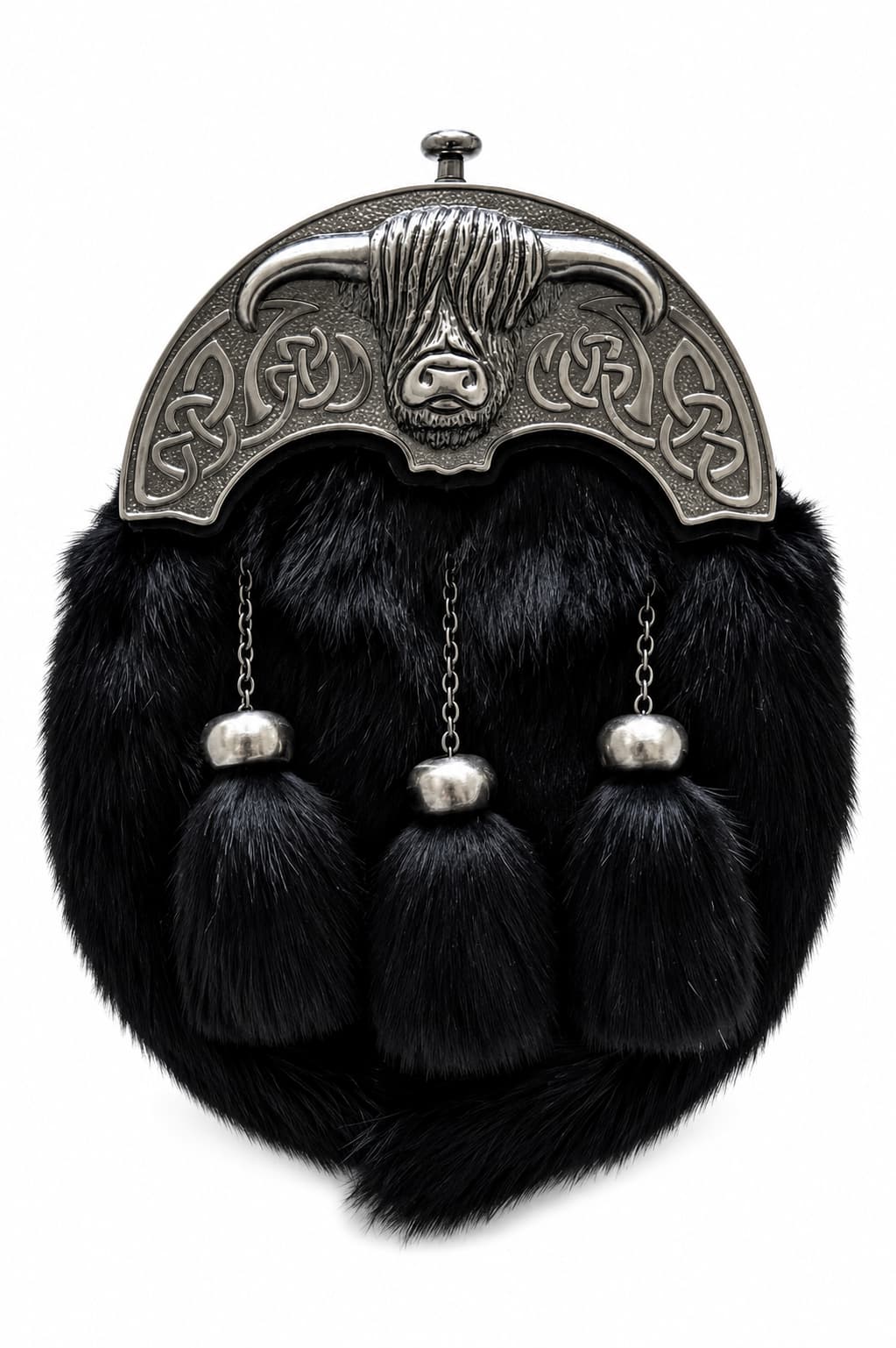 Black Rabbit Fur Full Dress Kilt Sporran with Highland Cow Cantle | Traditional Scottish Sporran