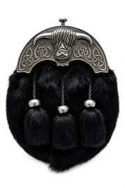 Black Rabbit Fur Full Dress Kilt Sporran with Highland Cow Cantle | Traditional Scottish Sporran