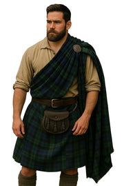 Man wearing a traditional Scottish kilt with a tartan pattern on a white background