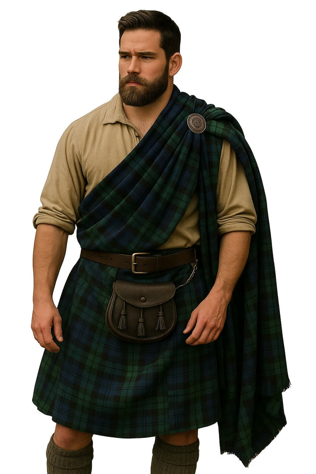 Man wearing a traditional Scottish kilt with a tartan pattern on a white background