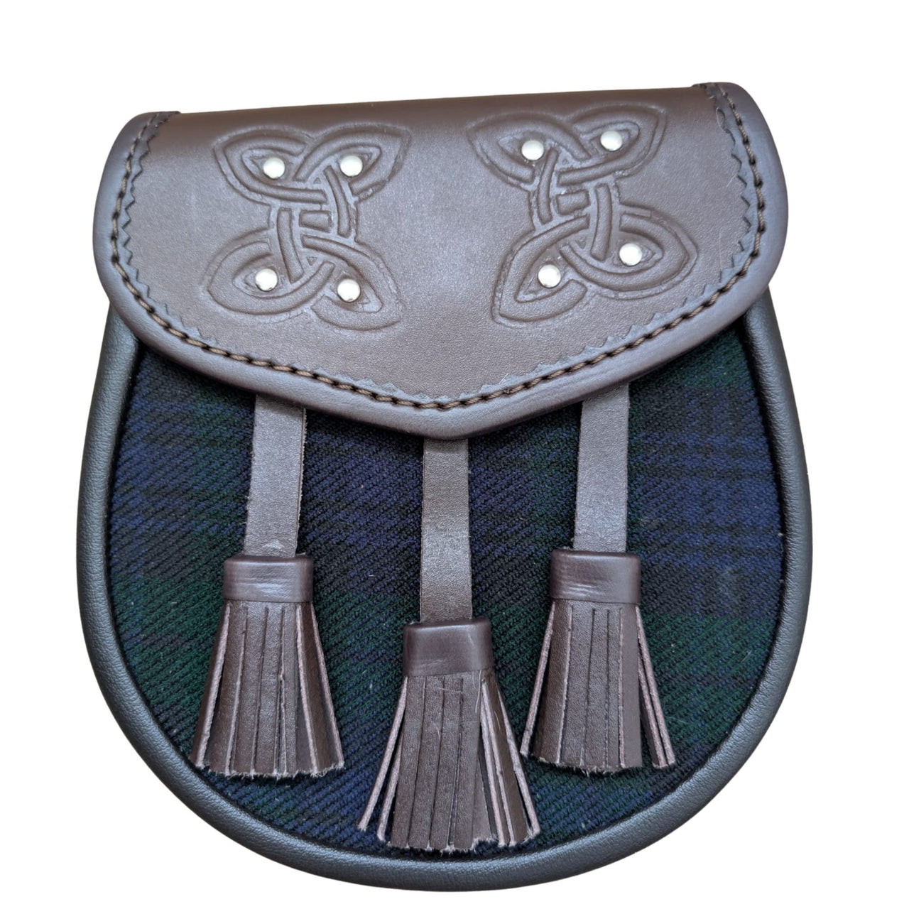 Black Watch Tartan & Brown Leather Semi-Dress Sporran – Hybrid Celtic Embossed with 3 Tassels + Adjustable Chain Belt – Scottish Highland Kilt Accessory