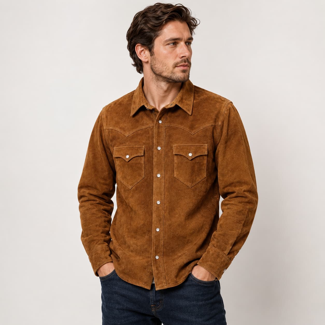 Dark Brown Men's Suede Leather Western Cowboy Shirt Jacket, Vintage Snap Button Western Shirt, Classic Ranch Wear Suede Leather Jacket