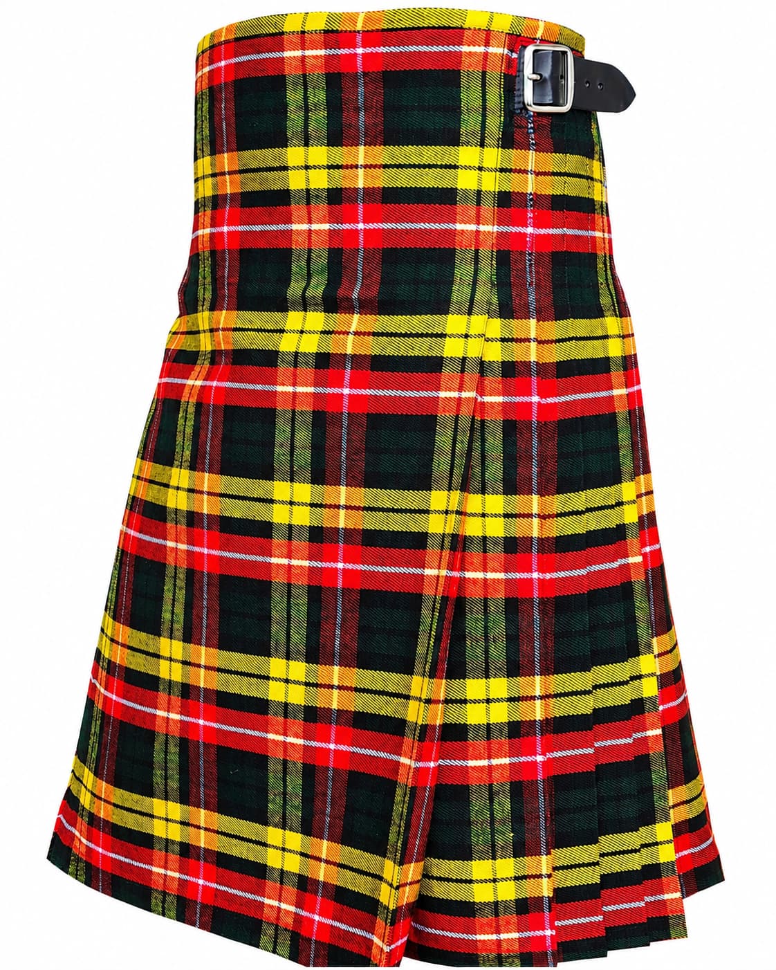 Buchanan Modern Tartan Kilt in vibrant yellow, red, and green plaid with traditional pleated styling Side