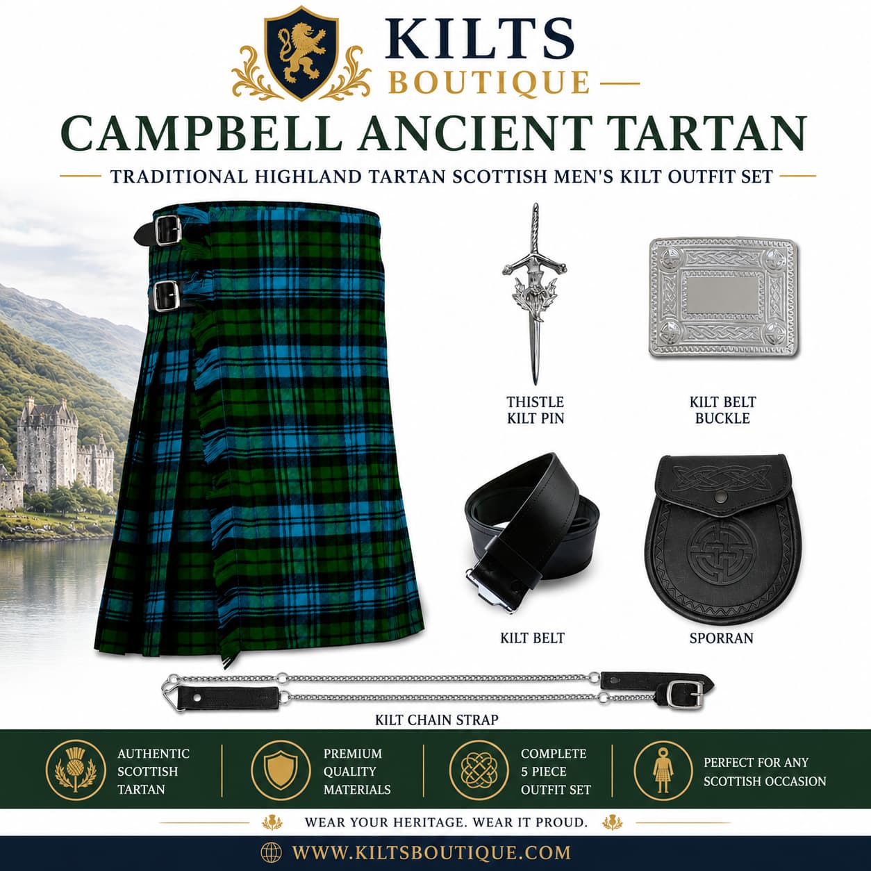 Campbell Ancient Tartan Kilt Traditional Highland Tartan Scottish Men's Kilt Outfit Set