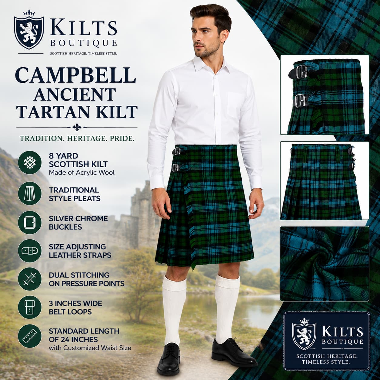 Campbell Ancient Tartan Kilt 8 Yard Scottish Kilt - Lightweight Sport Kilt Highland Games Premium Kilt