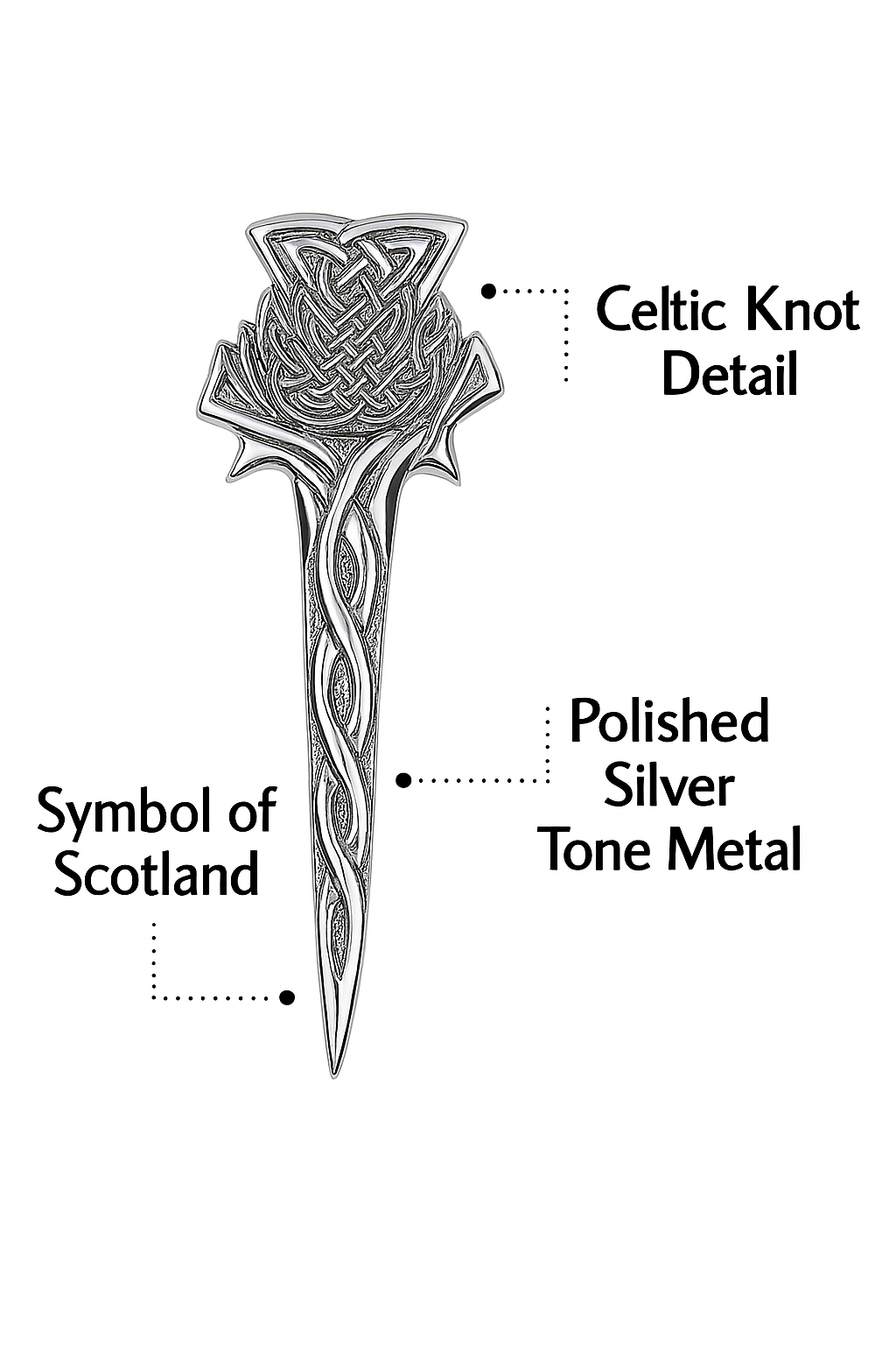Kilts Boutique Chrome Finish Scottish Thistle Kilt Pin – Celtic Knot Design, Highland Dress Accessory, 9.5cm