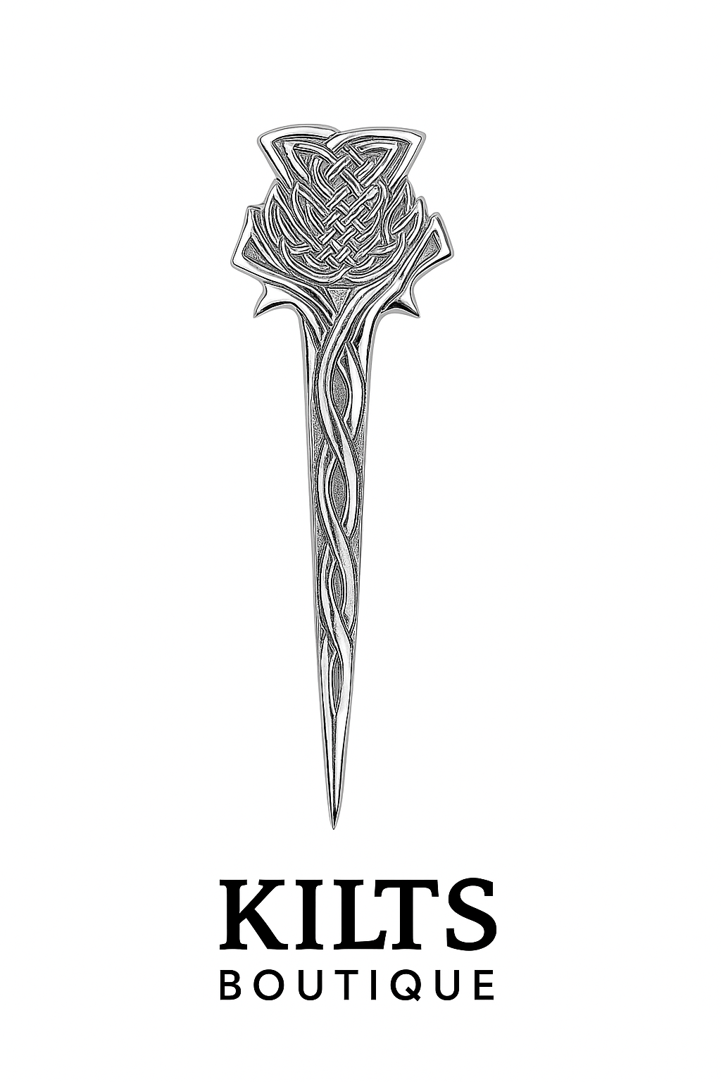 Kilts Boutique Chrome Finish Scottish Thistle Kilt Pin – Celtic Knot Design, Highland Dress Accessory, 9.5cm