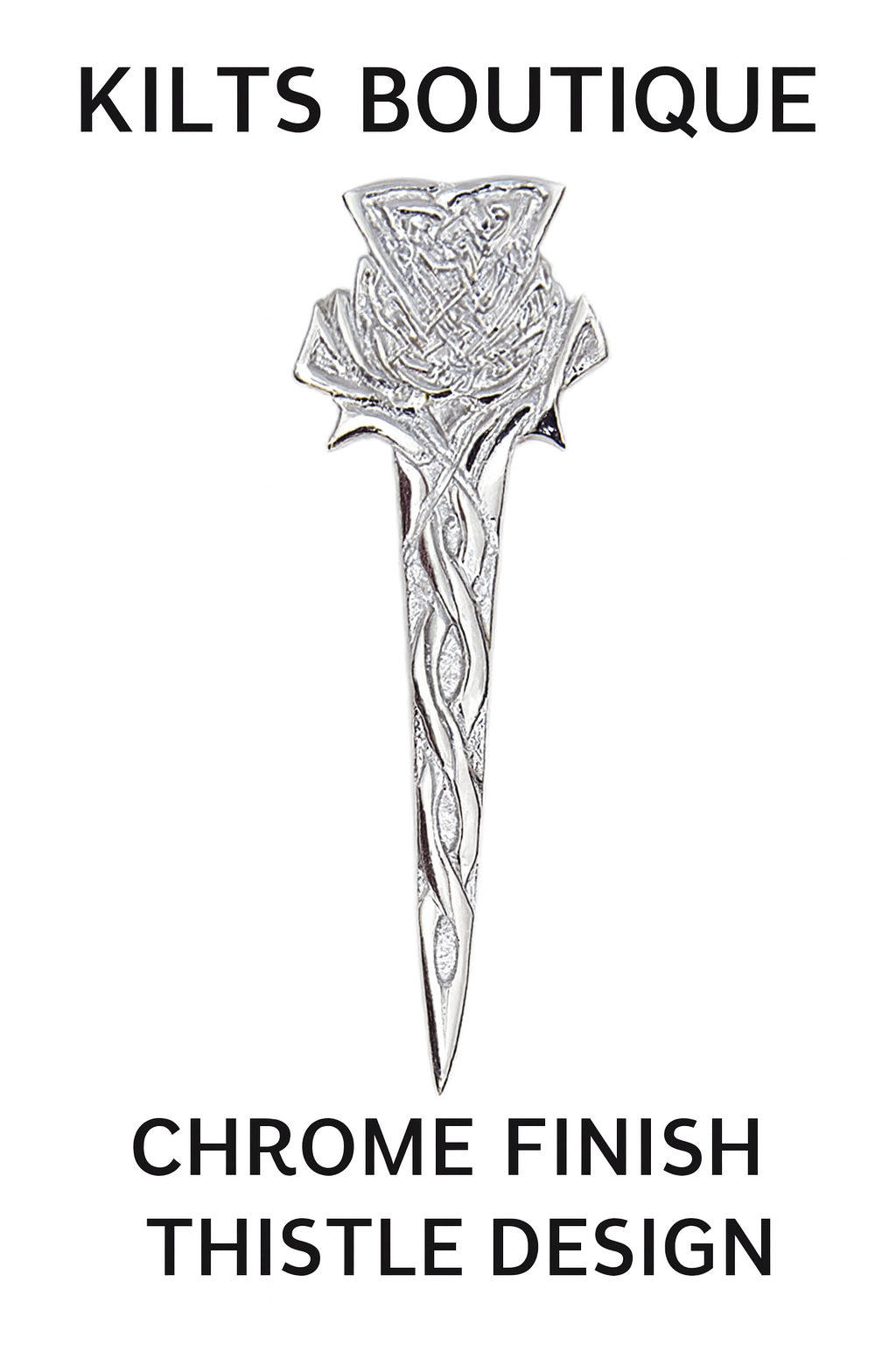 Kilts Boutique Chrome Finish Scottish Thistle Kilt Pin – Celtic Knot Design, Highland Dress Accessory, 9.5cm
