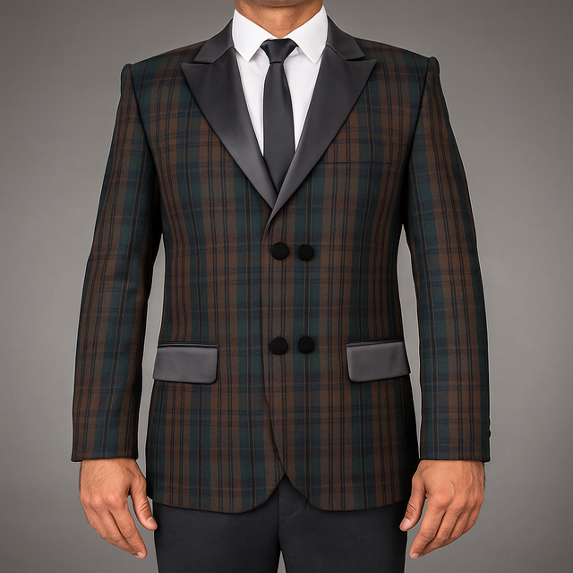 Men’s Scottish BlackWatch Weathered Tartan Blazer Jacket – Acrylic Wool Fabric, Satin Lapels, Double-Breasted
