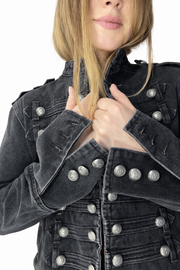Black Military Denim Jacket for Women, Cropped Fitted Jacket with Silver Buttons