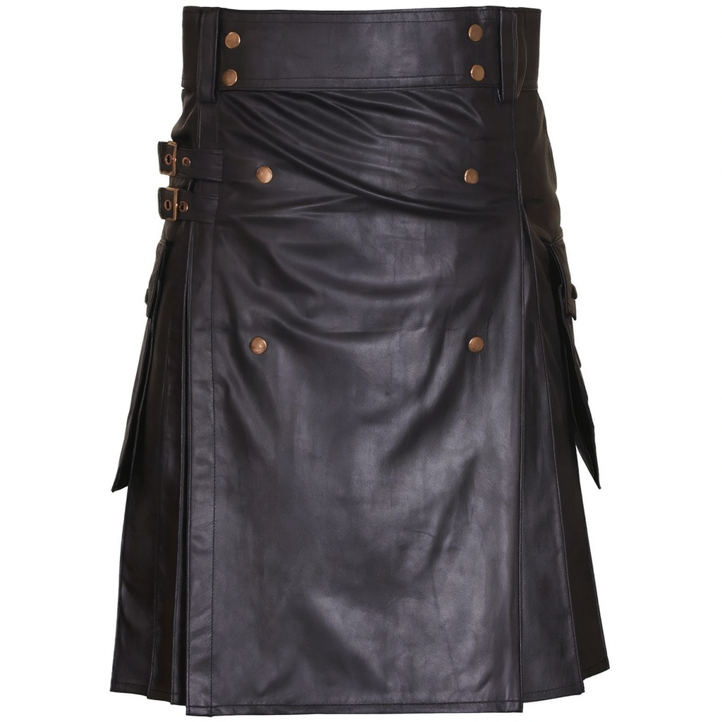 Black Leather Utility Kilt with Cargo Pockets & Double Buckle Straps – Men’s Gothic / Steampunk Festival Kilt