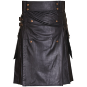 Black Leather Utility Kilt with Cargo Pockets & Double Buckle Straps – Men’s Gothic / Steampunk Festival Kilt