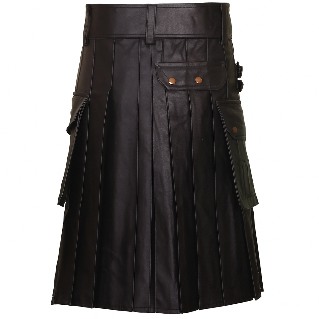 Black Leather Utility Kilt with Cargo Pockets & Double Buckle Straps – Men’s Gothic / Steampunk Festival Kilt