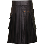 Black Leather Utility Kilt with Cargo Pockets & Double Buckle Straps – Men’s Gothic / Steampunk Festival Kilt