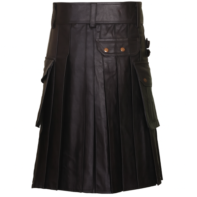 Black Leather Utility Kilt with Cargo Pockets & Double Buckle Straps – Men’s Gothic / Steampunk Festival Kilt