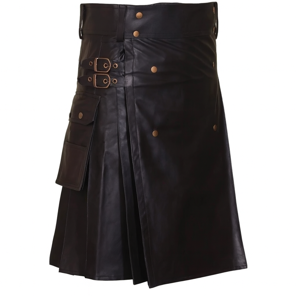 Men’s Black Genuine Leather Utility Kilt – Gothic Cargo Festival Kilt with Buckle Straps