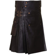 Black Leather Utility Kilt with Cargo Pockets & Double Buckle Straps – Men’s Gothic / Steampunk Festival Kilt