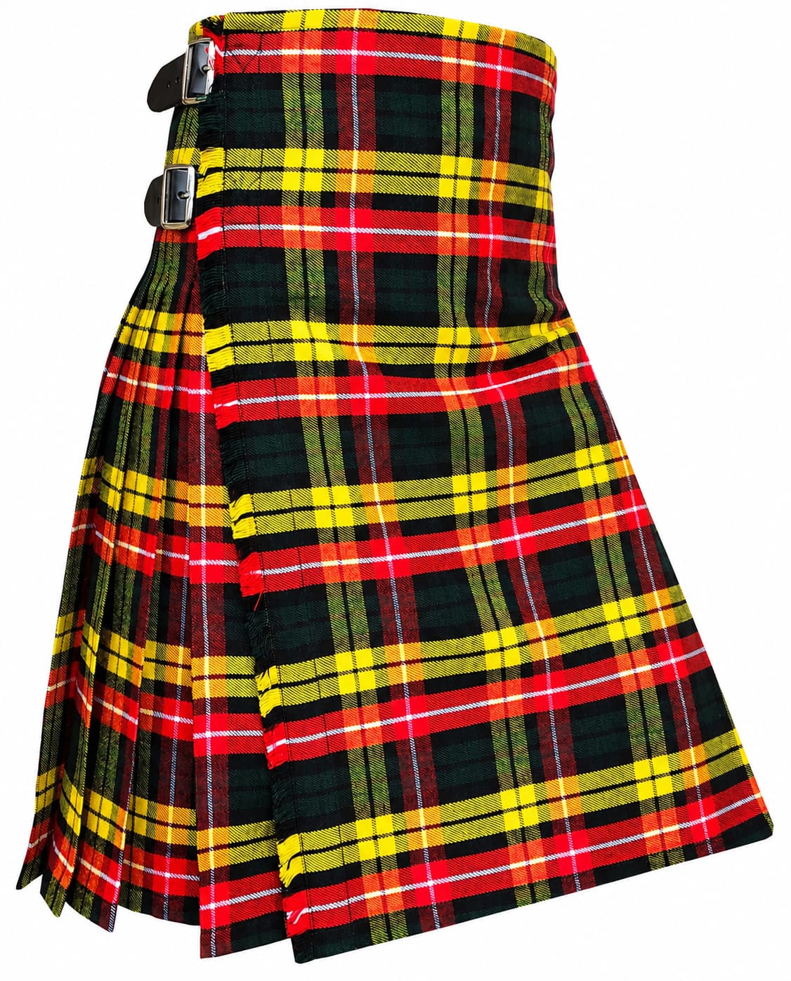 Buchanan Modern Tartan Kilt in vibrant yellow, red, and green plaid with traditional pleated styling Side
