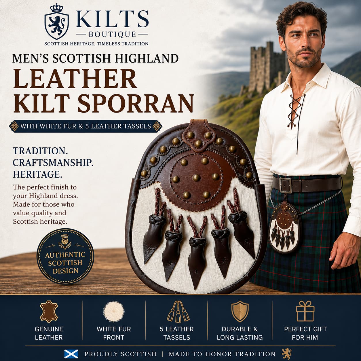 Men's Scottish Highland Brown Leather Kilt Sporran with White Fur & 5 Leather Tassels | Full Dress Sporran
