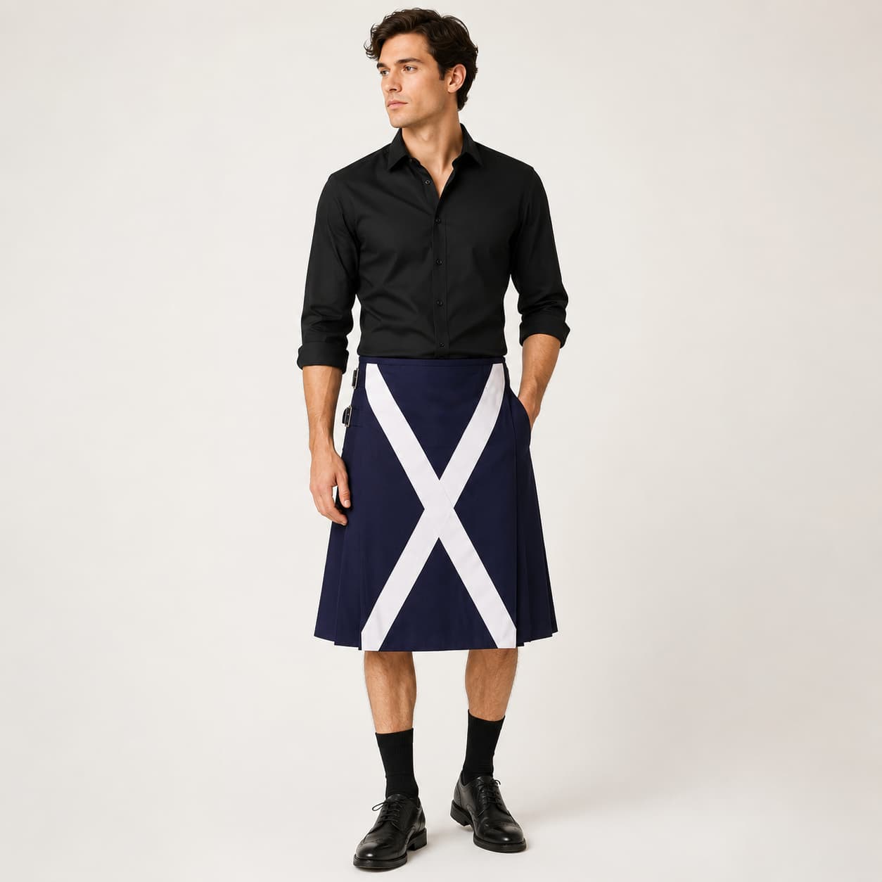 Man wearing a black shirt and navy kilt with a white cross on a white background