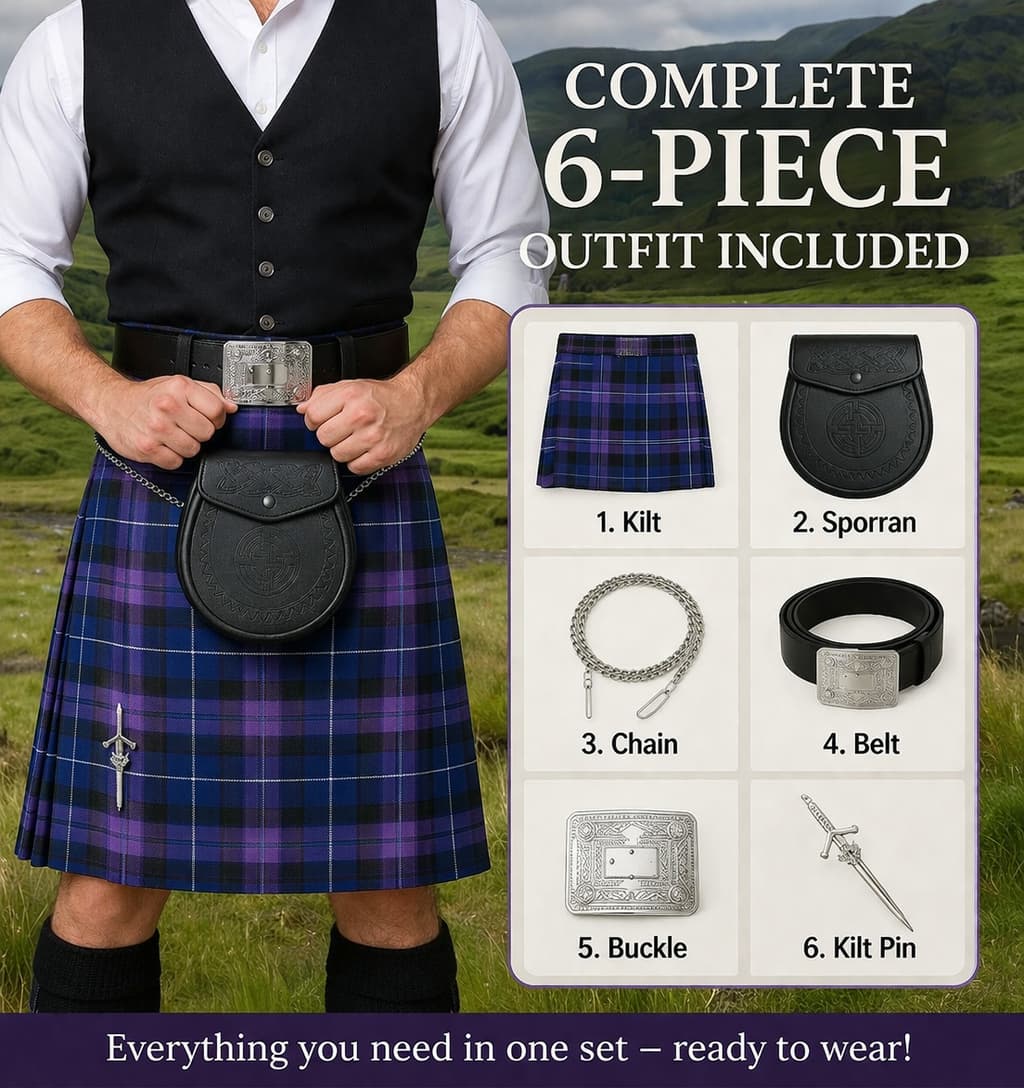 Men’s Scottish Kilt Outfit Set 6 in 1 – Traditional Highland Tartan Kilt, Sporran, Belt & Accessories (UK Stock)