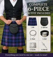 Men’s Scottish Kilt Outfit Set 6 in 1 – Traditional Highland Tartan Kilt, Sporran, Belt & Accessories (UK Stock)