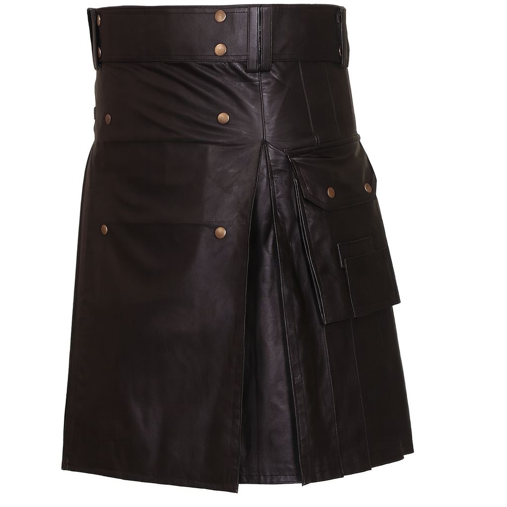 Black Leather Utility Kilt with Cargo Pockets & Double Buckle Straps – Men’s Gothic / Steampunk Festival Kilt