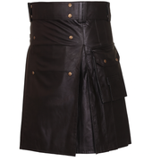 Black Leather Utility Kilt with Cargo Pockets & Double Buckle Straps – Men’s Gothic / Steampunk Festival Kilt