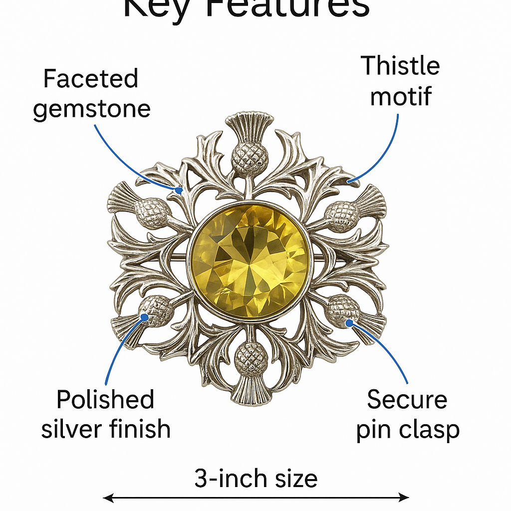 Scottish Thistle Brooch with Gemstone – Highland Clan Kilt Pin – Celtic Luck Symbol – Silver Finish – Kilts Boutique