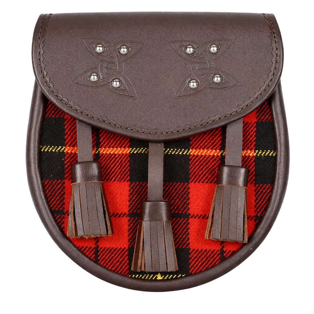 Clan Wallace Tartan Leather Sporran with Tassels – Brown Celtic Embossed Kilt Pouch – Traditional Scottish Highland Dress Accessory