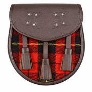 Clan Wallace Tartan Leather Sporran with Tassels – Brown Celtic Embossed Kilt Pouch – Traditional Scottish Highland Dress Accessory