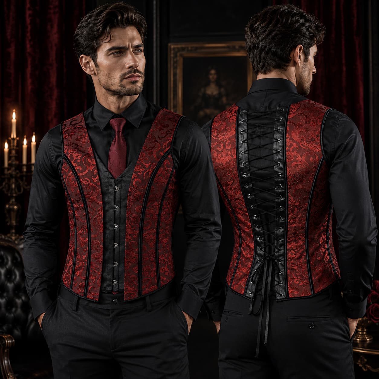 Man wearing a red and black ornate vest in a dark, elegant room.