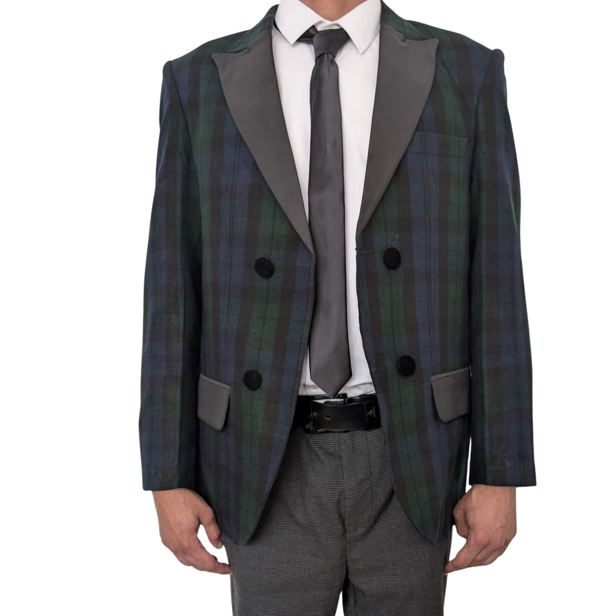 Men’s Scottish Black Watch Tartan Blazer Jacket – Acrylic Wool Fabric, Satin Lapels, Double-Breasted