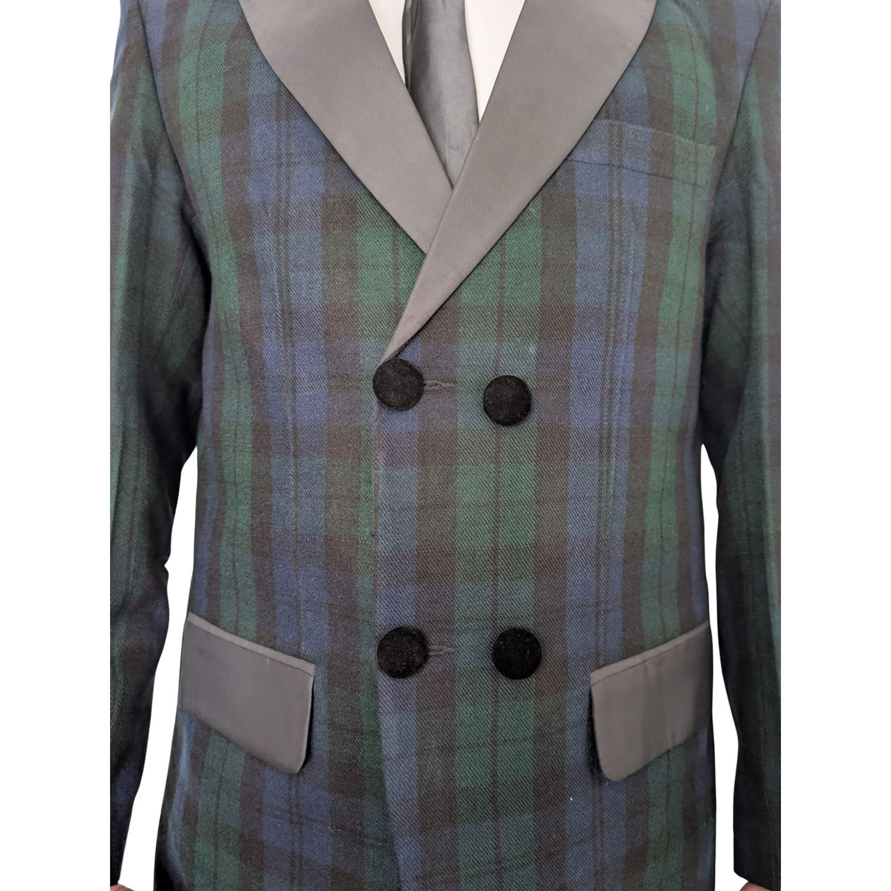 Men’s Scottish Black Watch Tartan Blazer Jacket – Acrylic Wool Fabric, Satin Lapels, Double-Breasted
