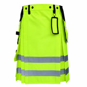 Neon Green Hi-Vis Utility Work Kilt for Men | Reflective Safety Tape Workwear Kilt with Cargo Pockets