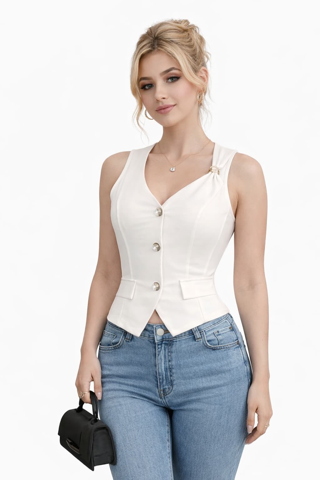 Women's Elegant Solid Color Waistcoat Vest, Sleeveless V-Neck Single Breasted Blazer Vest Top, Casual Office Work Waistcoat Jacket