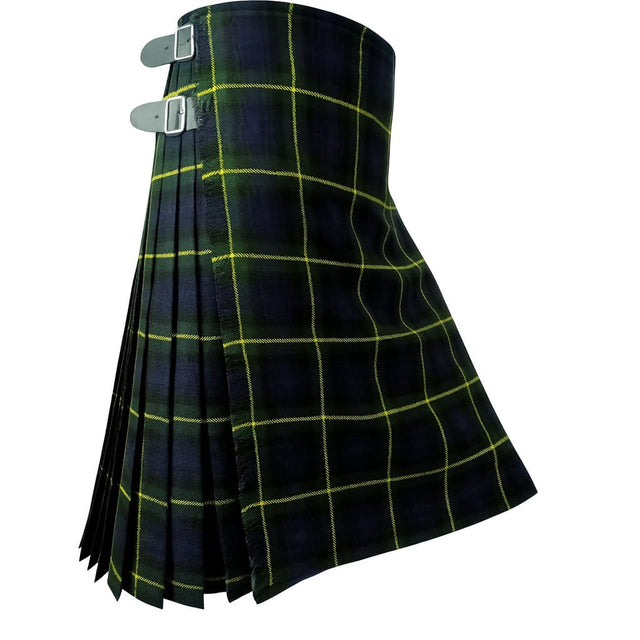 Back view — Gordon tartan kilt with deep pleats and yellow overcheck, men’s Scottish Highland kilt