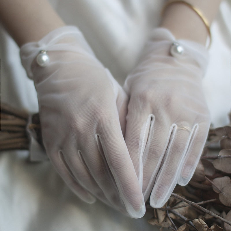 White Bride Dress Gloves Mesh Bow Pearl Short Lace Women Bridal Gloves