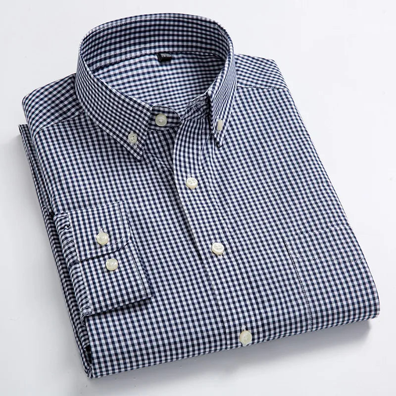 Men's 100% Cotton Standard-Fit Long-Sleeve Casual Checked Shirt Single Patch Pocket Button-down Collar