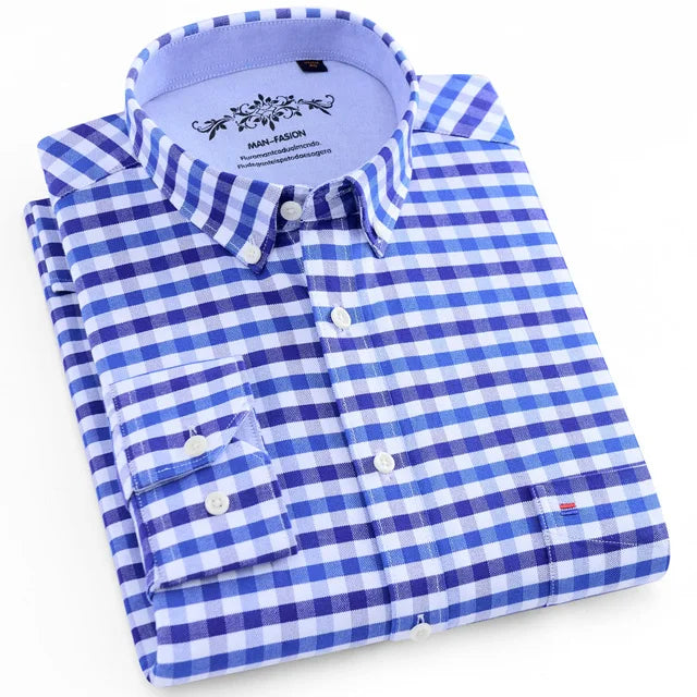 Men's Fashion Long Sleeve Solid Oxford Shirt Single Patch Pocket Standard-fit Button-down Collar Shirts