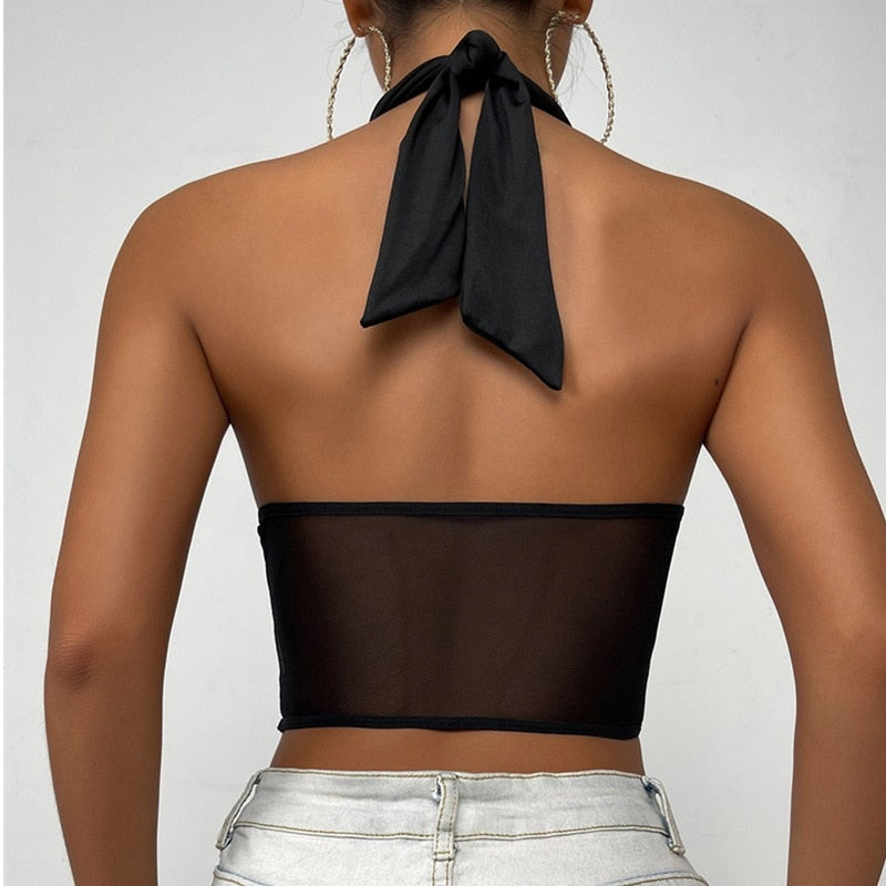 Cross Halter Corset Bustier Mesh Bone Tank Tops