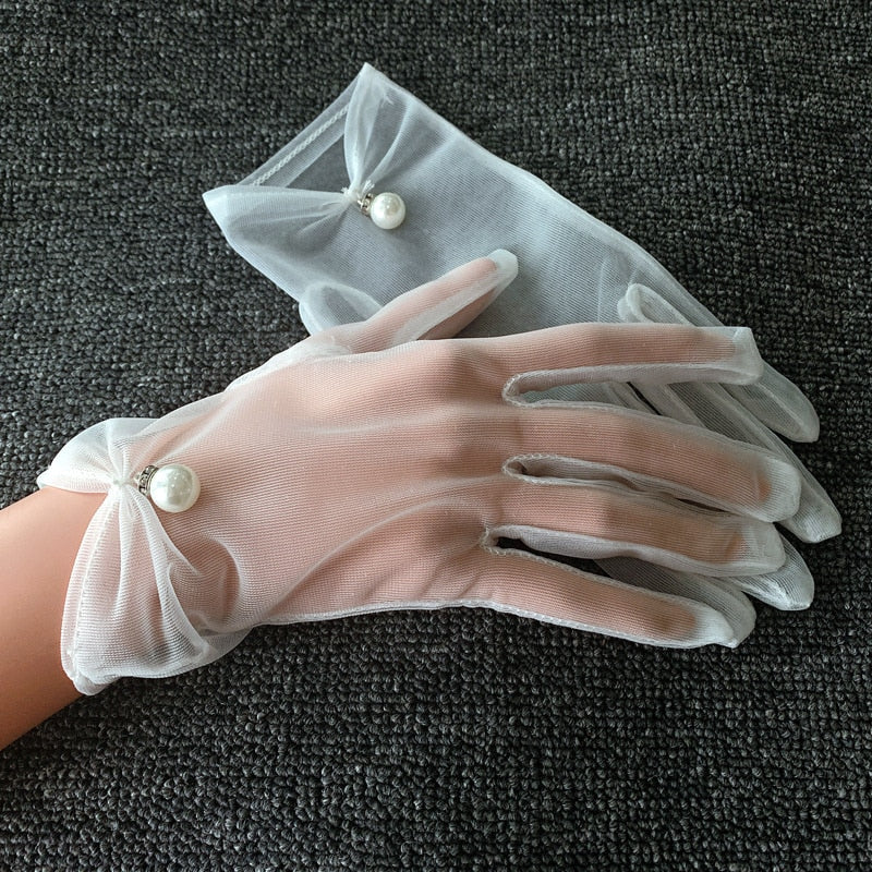 White Bride Dress Gloves Mesh Bow Pearl Short Lace Women Bridal Gloves