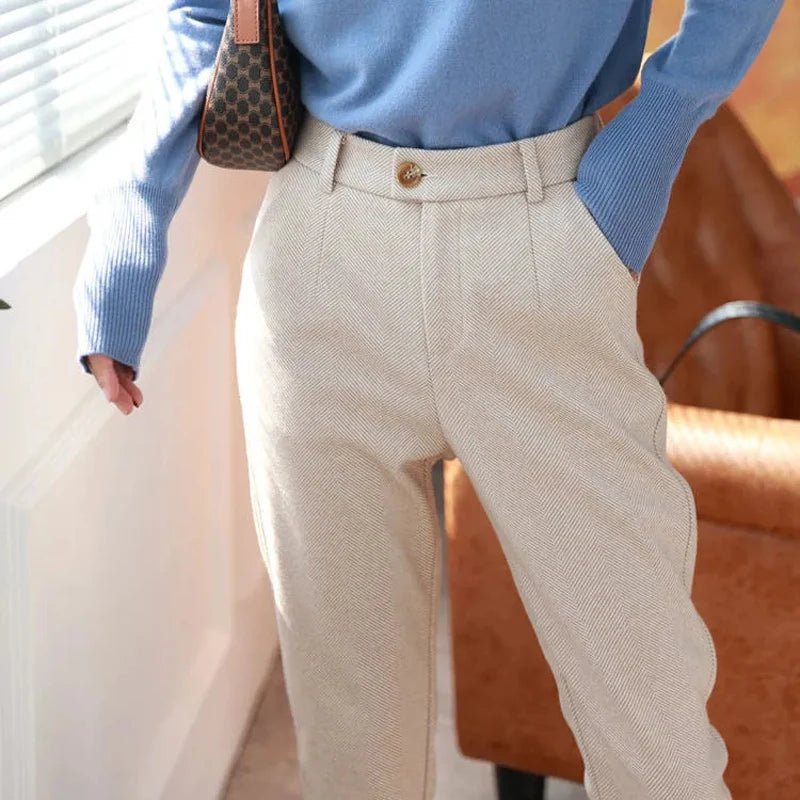 Woolen Pants Women's Harem Pencil Pants 2024 Autumn Winter High Waisted Casual Suit Pants