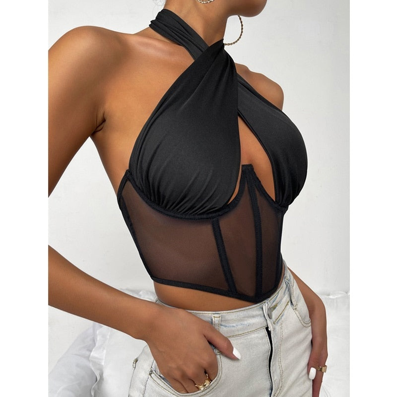 Cross Halter Corset Bustier Mesh Bone Tank Tops