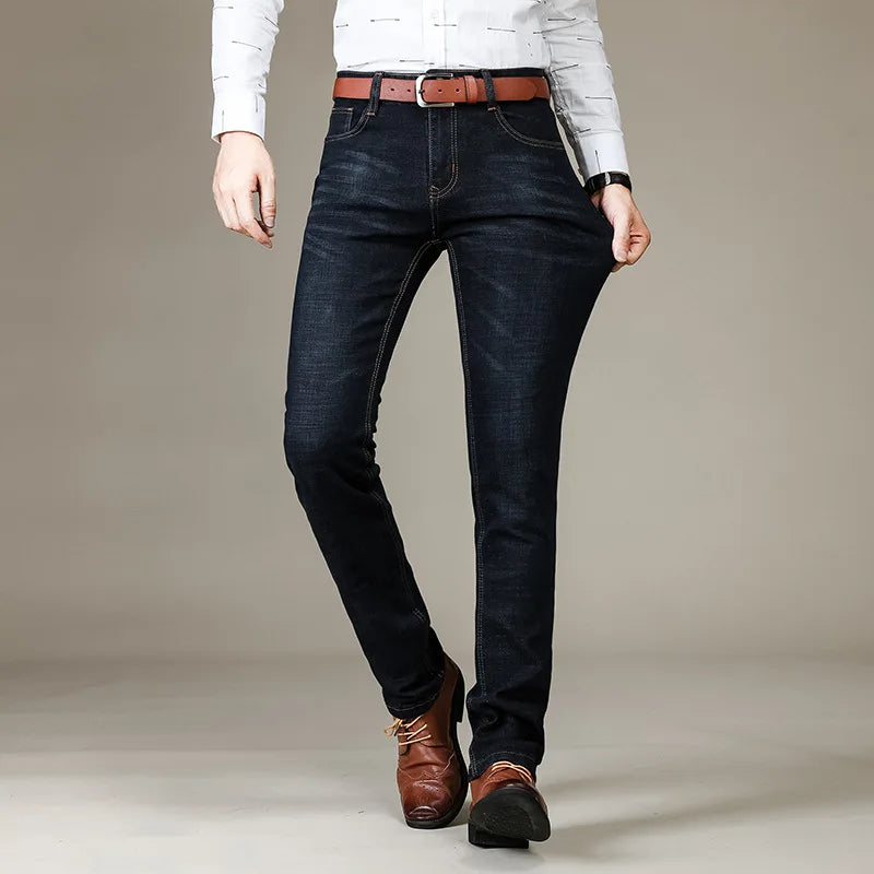 Men's Classic  Fitted Stretch Jeans Business Casual Cotton Denim Straight Leg Pants