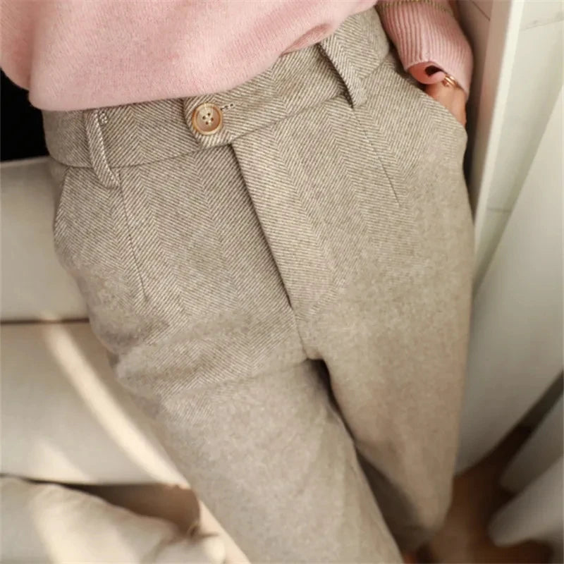 Woolen Pants Women's Harem Pencil Pants 2024 Autumn Winter High Waisted Casual Suit Pants