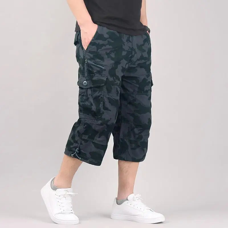 Long Length Cargo Shorts Men Summer Casual Cotton Multi Pockets Hot Breeches Cropped Trousers Military Camouflage Shorts