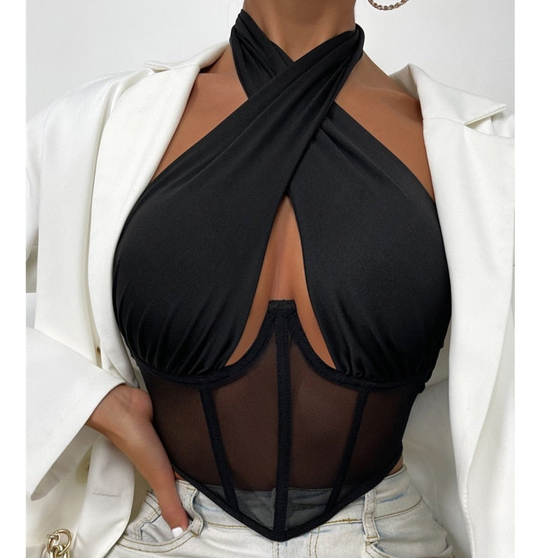 Cross Halter Corset Bustier Mesh Bone Tank Tops