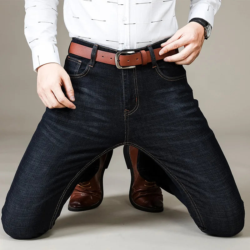 Men's Classic  Fitted Stretch Jeans Business Casual Cotton Denim Straight Leg Pants