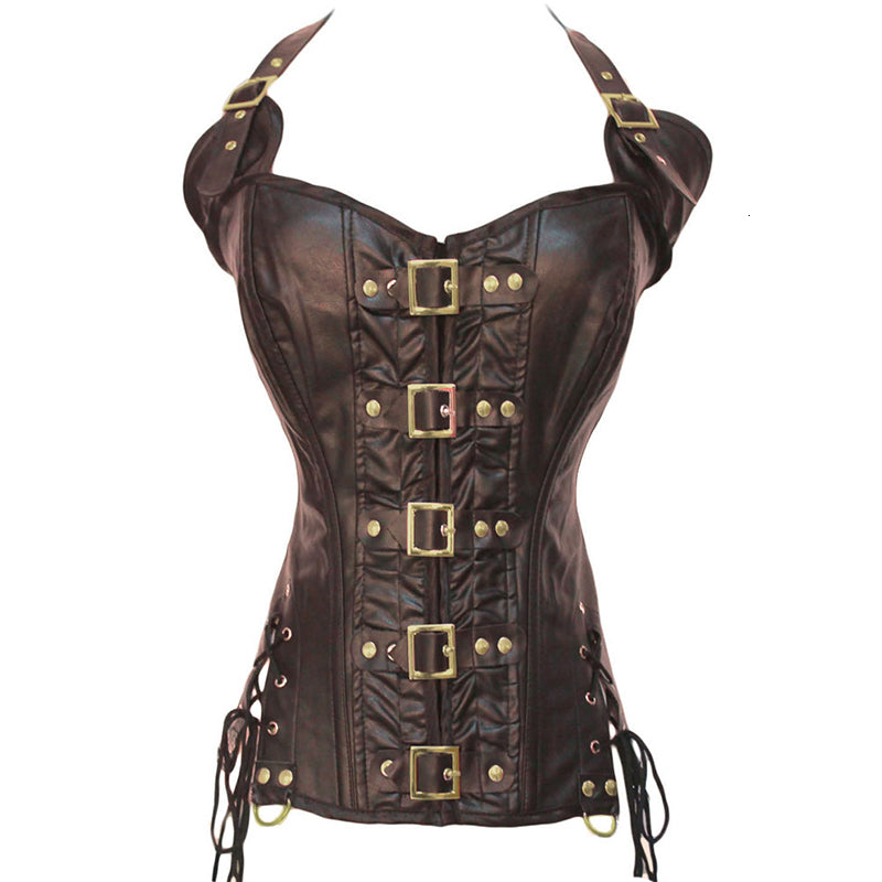 Women Vest Waist Cincher Corsets Faux Leather Bustier Steampunk Corset Boned Corselet Overbust Lace Up